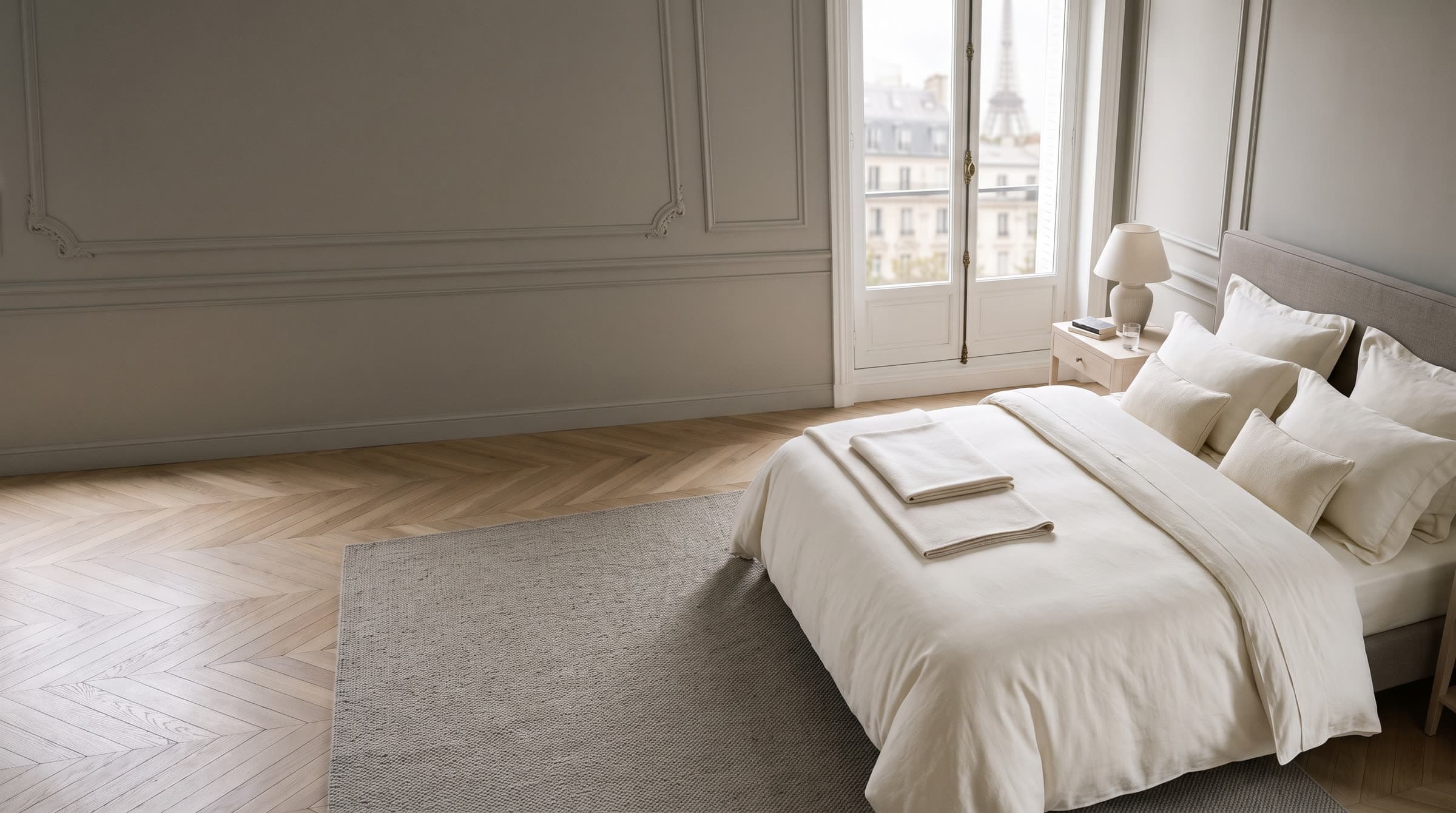 Chambre d'hôtel parisienne, literie en lin ivoire, lumière naturelle.