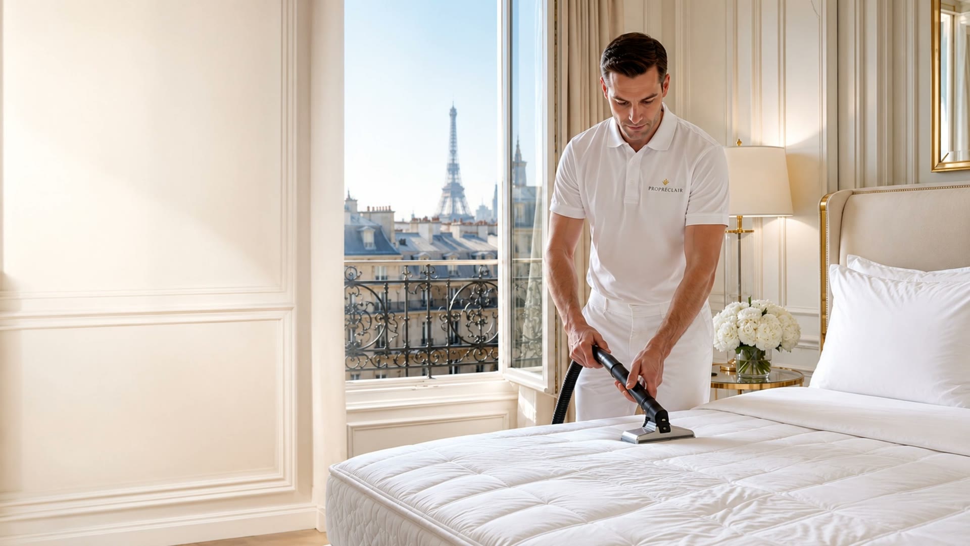 Un technicien PROPRÉCLAIR traite un matelas dans une suite parisienne, la Tour Eiffel en arrière-plan.